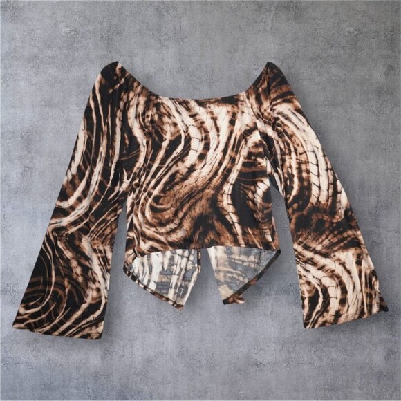 Bluebell Brown Swirl Print Mesh Top – Size 1X – Y2K Inspired Bell Sleeve Knot - Picture 6 of 14